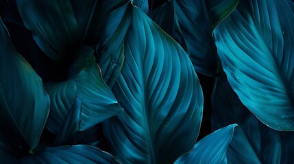Closeup detail macro texture bright blue green leave tropical forest plant spathiphyllum cannifolium in dark nature backgroundCurve leaf floral botanical abstract desktop wallpaperwebs : Generative AI