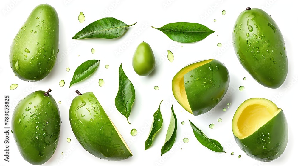 Poster green mango with mango has water drop collection isolated on white background top view flat lay : ge