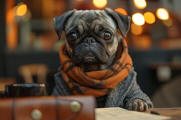 Cozy ambiance with an adorable pug dog wearing a scarf, seated at a café table as if reading a menu