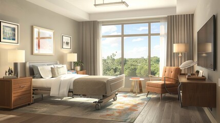 A senior's bedroom with ergonomic furniture and accessibility features, prioritizing comfort and safety for aging in place.