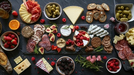 Indulge in a Valentine s Day charcuterie masterpiece featuring an assortment of cheeses appetizers and sweets all elegantly displayed on a dark slate background from a captivating top view