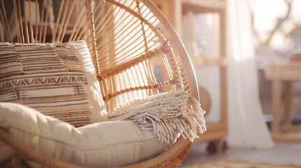 Close up view of rattan armchair with cushions in bohemian style living room Concept of bamboo...