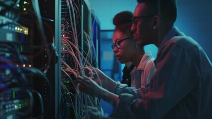 Technicians from different countries in the data center work together to develop and implement new methods of data analysis to improve the security and efficiency of the network.