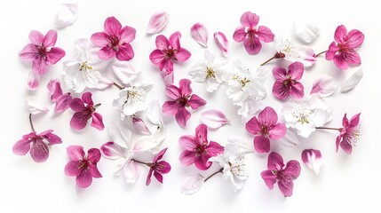 Naklejka na ściany i meble Cherry blossom Pink sakura spring flowers and white cherry petals isolated on white background Springtime concept Creative banner Flat lay top view Floral design element : Generative AI