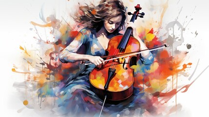 Abstract and colorful illustration of a woman playing cello on a white background - obrazy, fototapety, plakaty