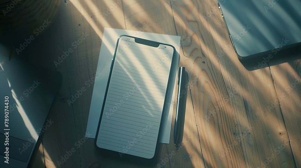 Fototapete blank notepad on with smart phone on desktop viewflat lay : generative ai