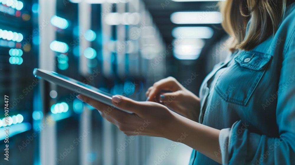 Poster An attentive analyst with in-depth knowledge handles data processing on a tablet, adhering to strict security standards in the server room.
