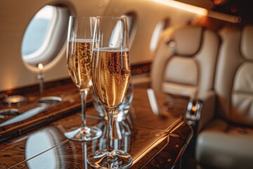 Elegantly arranged champagne glasses await passengers in the refined cabin of a luxury jet - obrazy, fototapety, plakaty