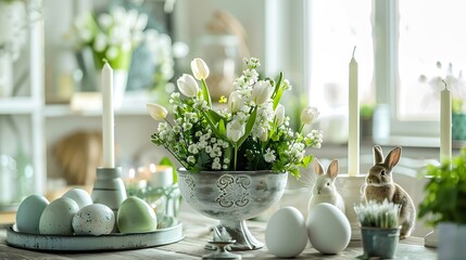 Rustic Whitegreen colors Iron planters with Easter eggs flowers candles and rabbits in the living room interior on the table The concept of home comfort in the bright holiday of Easter : Generative AI