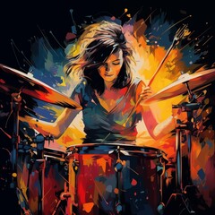 Fototapeta na wymiar Abstract and colorful illustration of a woman playing drums on a black background