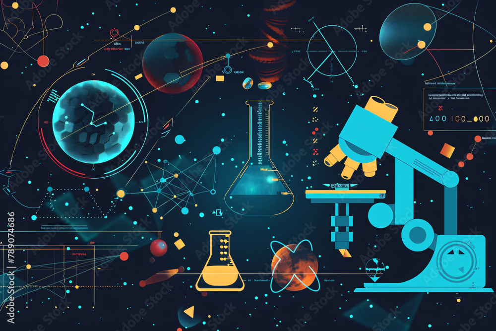 Wall mural colorful abstract scientific interface with microscope and atoms illustration wallpaper