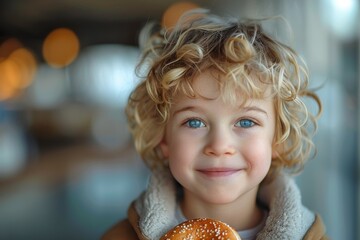 Adorable child with curly hair smiling at the camera, clutching a burger with bright background lights