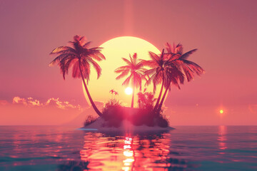 Fototapeta na wymiar tropical island with palm trees and the sun in a sunset sky background. minimal summer vacation concept design