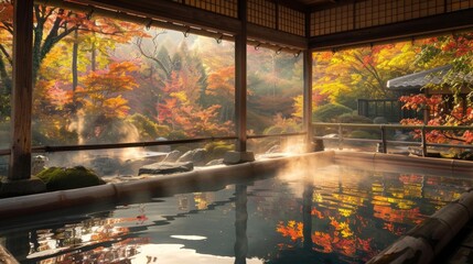 A serene hot spring (onsen) surrounded by autumn foliage in the Japanese countryside, offering visitors a relaxing soak in mineral-rich waters and breathtaking views of the natural landscape.