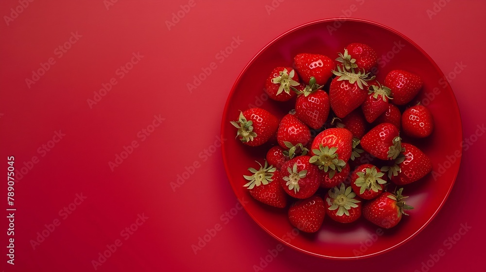Poster Strawberries  in red plate on red background Strawberry berries pattern Creative summer red composition with strawberry Flat lay top view copy space : Generative AI