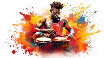 Abstract and colorful illustration of a man playing bongos on a white background
