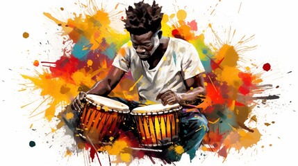 Abstract and colorful illustration of a man playing bongos on a white background