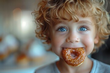 A joyful child with bright blue eyes biting a sugar-coated doughnut, curly hair in focus