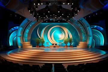 Turquoise Convergence: Corporate Event Stage Set with Creative Concepts