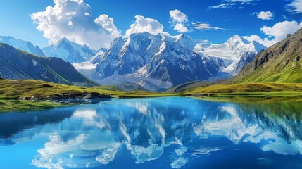 A serene mountain lake reflecting the azure blue of the sky above, with snow-capped peaks rising majestically in the distance, a tranquil high-altitude oasis.