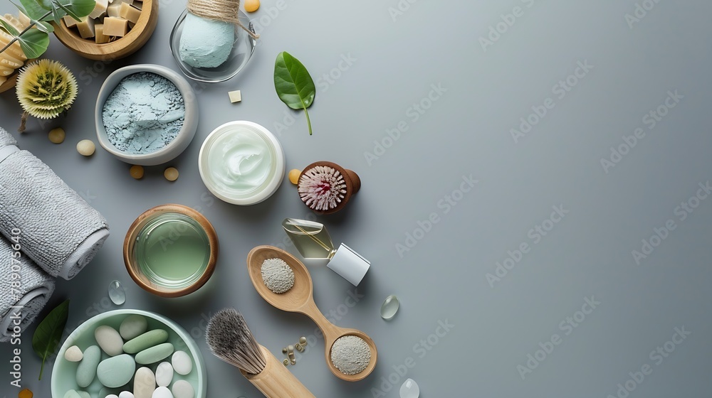 Poster various spa related objects on gray background top view body and skin care flat lay with copy space 