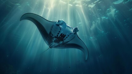 A serene underwater scene with a gentle giant manta ray gliding gracefully through the ocean, its elegant movements conveying a sense of peace and tranquility. - obrazy, fototapety, plakaty