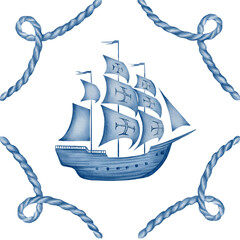 An old sailing ship simple silhouette with a sea rope in monochrome colors blue and white. Illustration in watercolour style for printing, stickers, borders, wallpaper, websites, ceramic tiles.