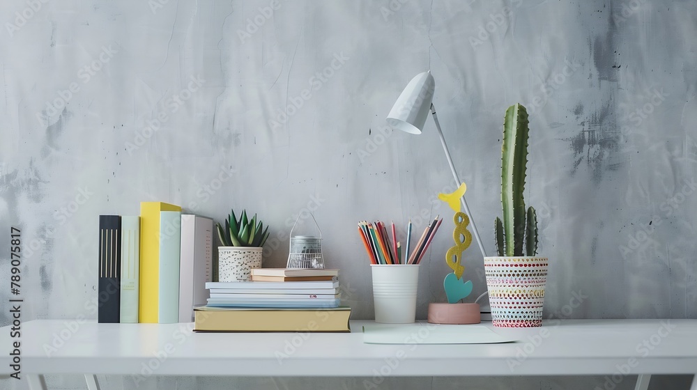 Poster cropped shot of trendy workspace with books stationery decorations and copy space on white table wit