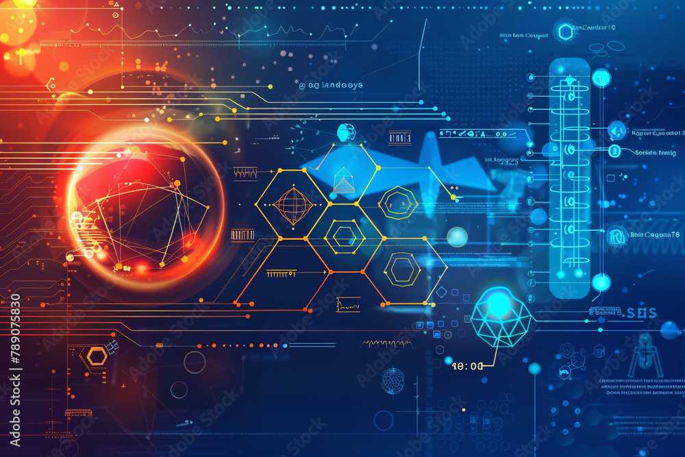 Poster abstract technology background with interconnected shapes and a glowing globe