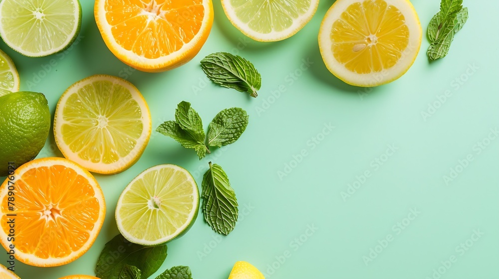 Aufkleber Top view of citrus slices and mint herbs frame on retro mint pastel background with copyspace Minimal fruit concept design : Generative AI