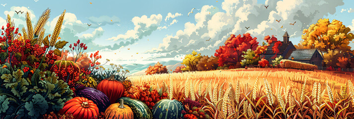 Rustic countryside in autumn during harvest season. Digital artwork for seasonal decor and storytelling