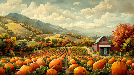 Idyllic farmland with rich fall colors, a nostalgic digital illustration perfect for home decoration and agricultural themes - obrazy, fototapety, plakaty