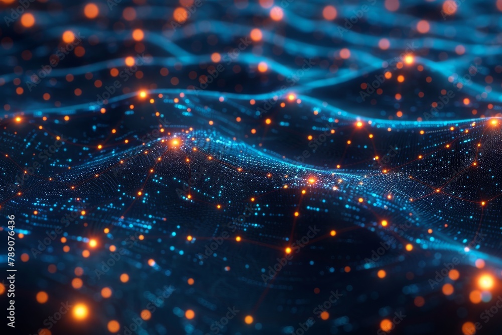 Poster visualization of a network data stream pattern in a blue and orange color palette, symbolizing digit