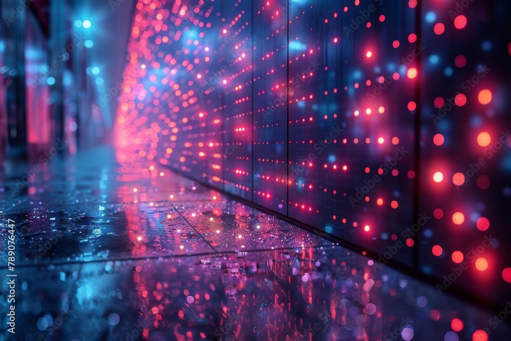 Poster vibrant red server racks with luminous dots and lines represent high-speed data transfer and process