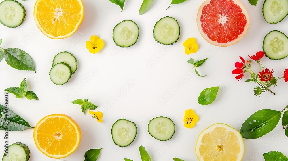 Poster colorful frame with fresh citrus fruits cucumbers leaves and flowers flat lay on white table : gener
