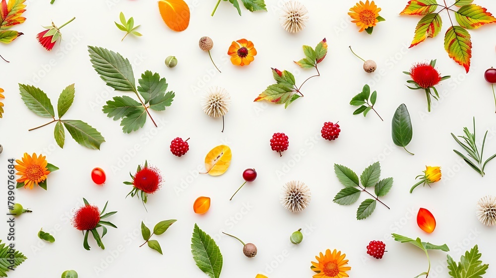 Poster colorful bright pattern of leaves berries and flowers on white background flat lay top view with cop