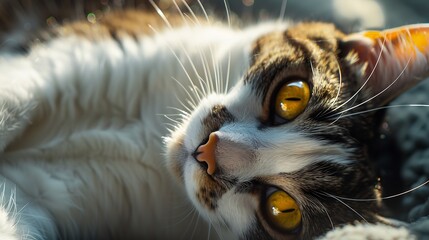 brown and white cat with yellow eyes lying on its back close up : Generative AI