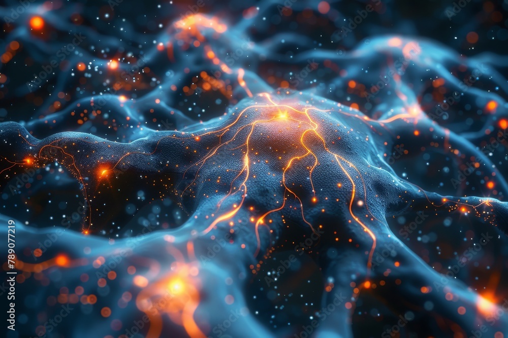 Poster Artistic depiction of active neural network with pulsing nodes spreading across the brain