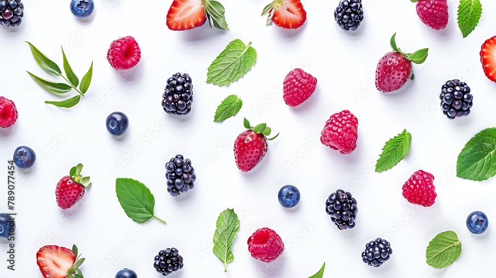 Poster fruit pattern made of fresh berries and green leaves on white background flat lay top view : generat