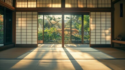 A traditional Japanese ryokan inn with tatami mat floors, sliding paper doors, and minimalist decor, offering guests an authentic cultural experience and peaceful retreat from the modern world. - obrazy, fototapety, plakaty
