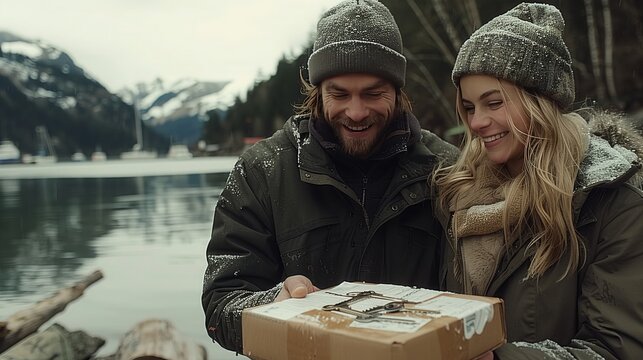 A man and a woman holding a box by the lake, under the sky, smiling