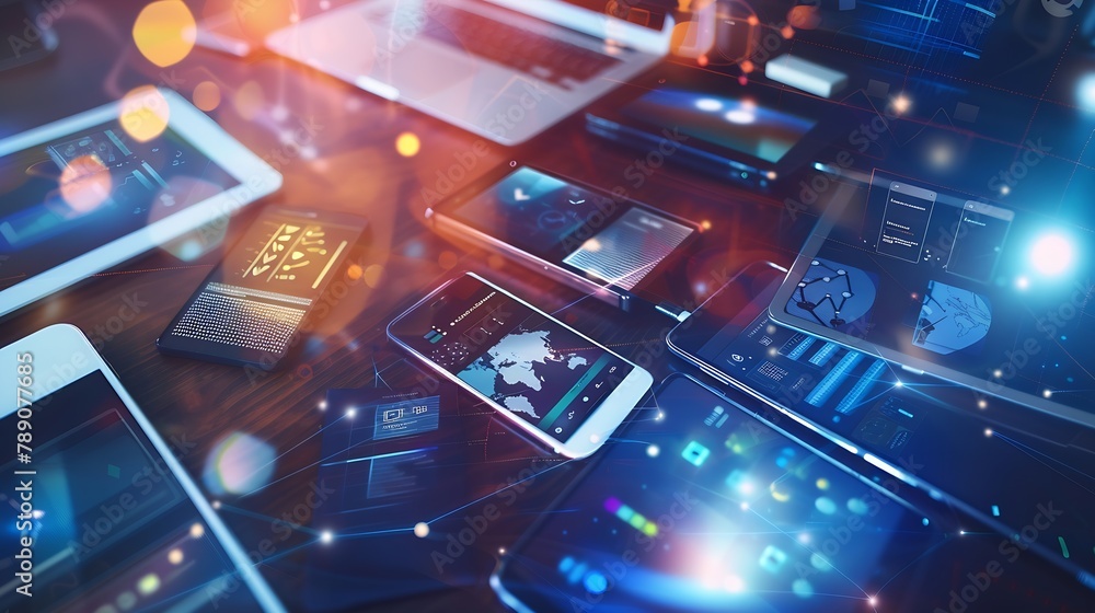 Aufkleber Office tools Digital technology Innovative implementation in business Internet applications Wireless function Tablet phone and camera Developing applications on the Internet Flat lay p : Generative AI