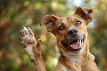 Funny dog with raised high paw showing high five gesture. Pet greeting his owner - obrazy, fototapety, plakaty