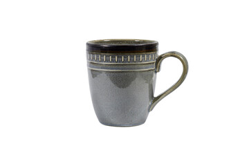 handmade ceramic mug with interesting design isolated on white background