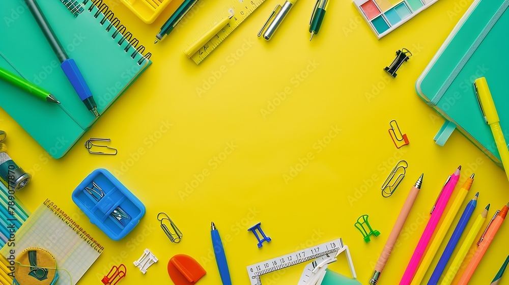 Poster school stationery on a yellow background top view with copy space flat lay back to school concept : 