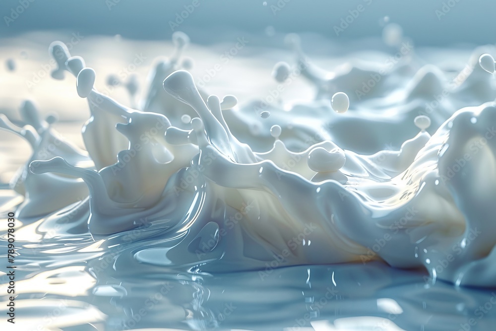 Poster a high-speed photo capturing the beautiful and complex patterns of milk splashing on a smooth surfac