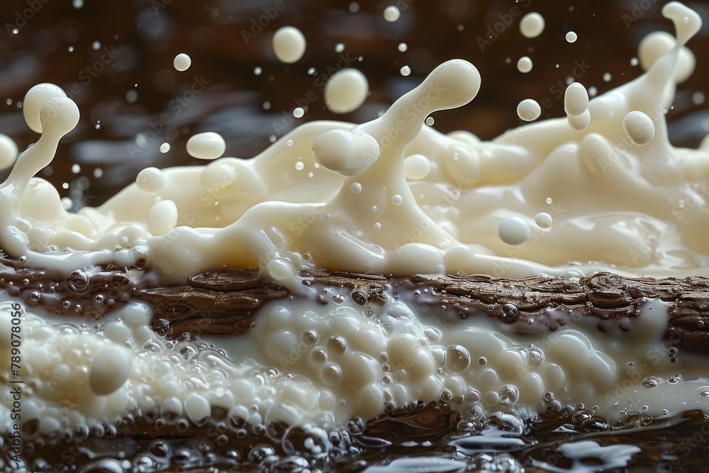 Poster milk splashes over a chocolate bar creating a messy yet artistic depiction of two contrasting textur