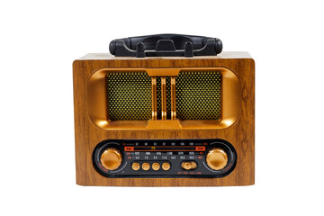 stylish retro radio player stands isolated on white background