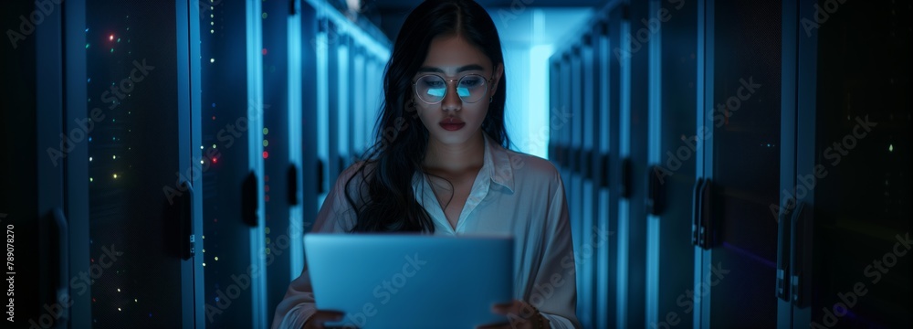 Poster An Internet technology professional in a data center studies new technologies and trends to ensure fast and reliable network and server performance. Wide banner