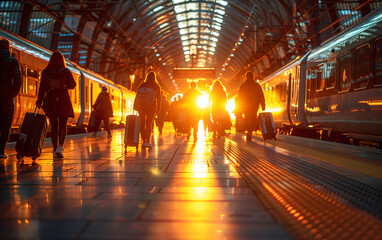 Sunset illumination at bustling train station